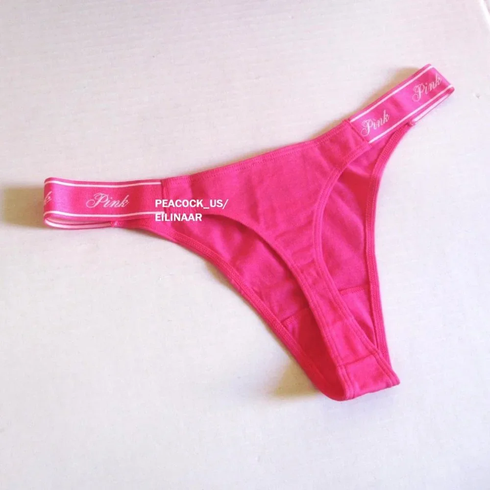 Victoria Secret PINK Cotton High Leg Thong Panty S XL Logo Waist Hot pink